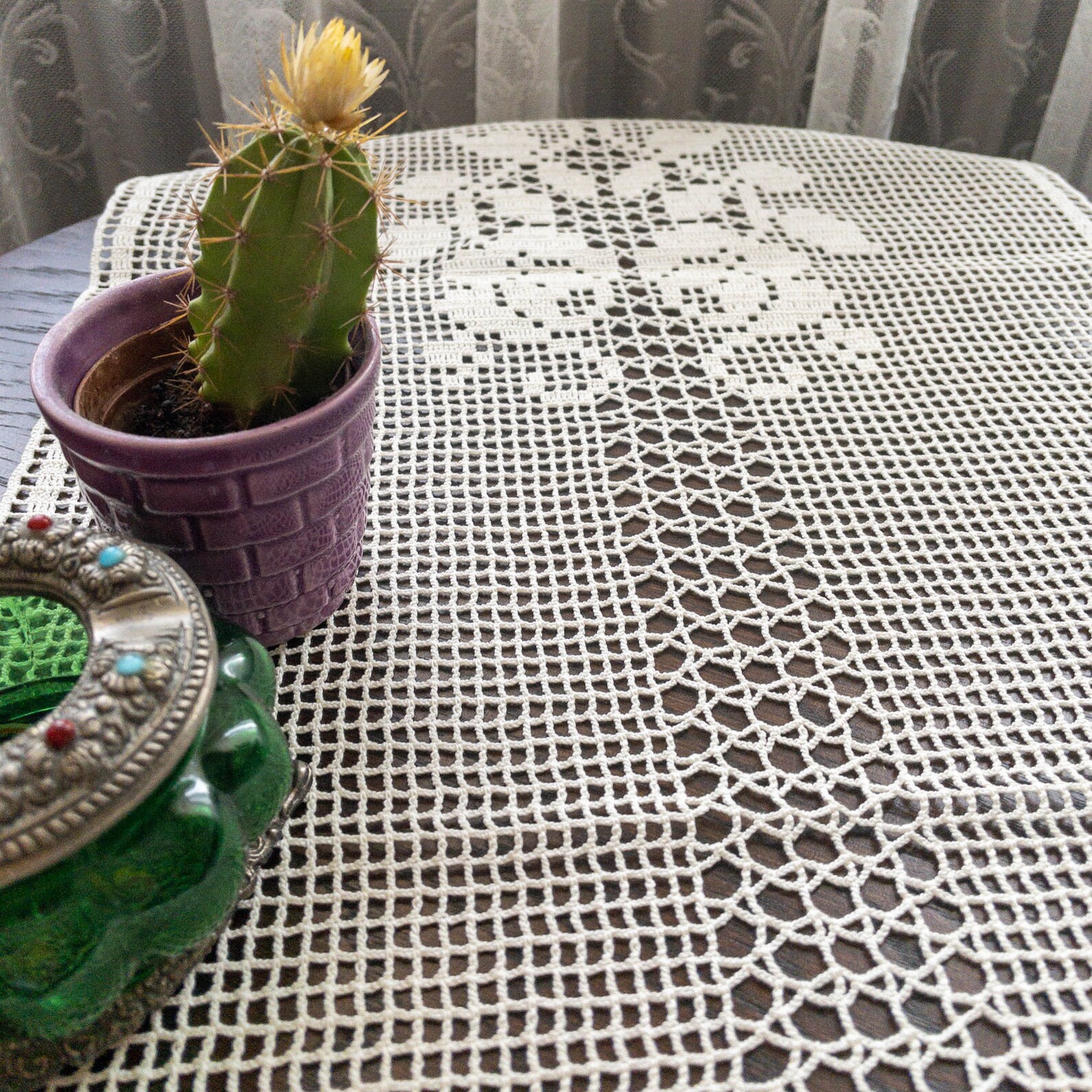 Vintage Custom Rectangle Filet Crochet Lace Tablecloth, READY TO SHIP ...