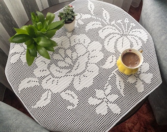 Filet Häkelblumen Tischdecke, Tischläufer In Weiß