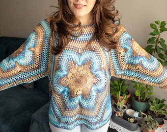 Filet Crochet Colorful Jumper For Christmas and Birthday Gift, Hand Customized Design Crochet Sweater For Autumn Days, Multicolor Clothes