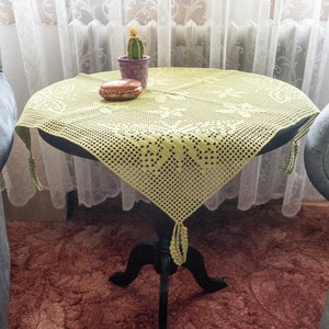 Wedding and Mothers Day Gift, READY To SHIP Within 3 Days, Tablecloth Grassgreen, Filet Crochet Lace Square Table Top With Corner Tassels