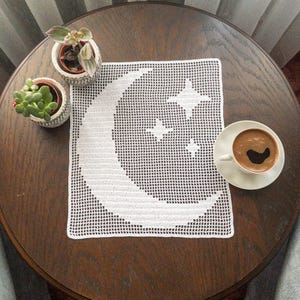 Moon And Stars Design White Table Topper With Filet Crochet For Wedding, Birthday, Christmas Gift Idea, READY To SHIP In 3 Days, Home Decor