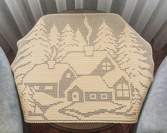 PDF Filet Crochet Tablecloth With Snowy Landscape Design For Birthday, Christmas, New Home Gift Idea, Custom DIY, Table Runner For Wedding
