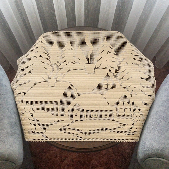 PDF Filet Crochet Tablecloth With Snowy Landscape Design For Birthday, Christmas, New Home Gift Idea, Custom DIY, Table Runner For Wedding