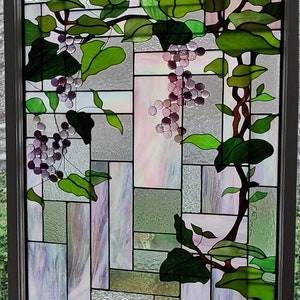 Grapes, grapevines, contemporary, stained glass, window, panel, purple,