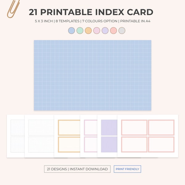 24 PDFs A4 Printable Grid Notecards for Studying | Colour Index Cards | Study Cards | Study Aids  | Printable Flash Cards |  Study Card