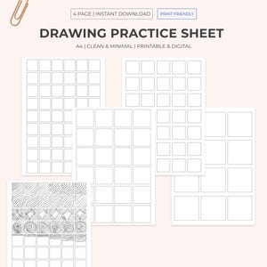 May include: Printable drawing practice sheet with four pages. The sheet includes a variety of grid patterns and blank squares for drawing practice. The sheet also includes a section with different line patterns for practicing drawing different lines.