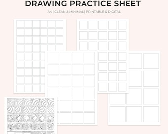May include: Printable drawing practice sheet with four pages. The sheet includes a variety of grid patterns and blank squares for drawing practice. The sheet also includes a section with different line patterns for practicing drawing different lines.