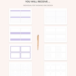 Op de afbeelding: Een digitale planner met acht verschillende pagina-indelingen. Elke pagina heeft een uniek ontwerp met lijnen, vakken en lege ruimtes. De planner is ontworpen voor het maken van notities, dagboek bijhouden en organiseren.