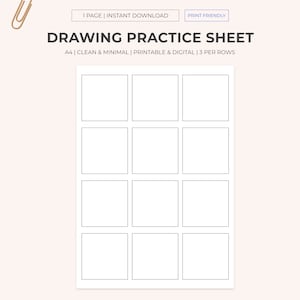 Pode incluir: Uma folha de prática de desenho imprimível com nove quadrados em branco, projetada para papel A4. A folha é etiquetada como "Folha de prática de desenho" e inclui o texto "A4 | Limpo e minimalista | Imprimível e digital | 3 por linhas".