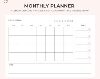 A4 Printable Monthly Goal Planner with Calendar | Mon/Sun Start | Monthly Calendar Template | Personal Development | Productivity Tool