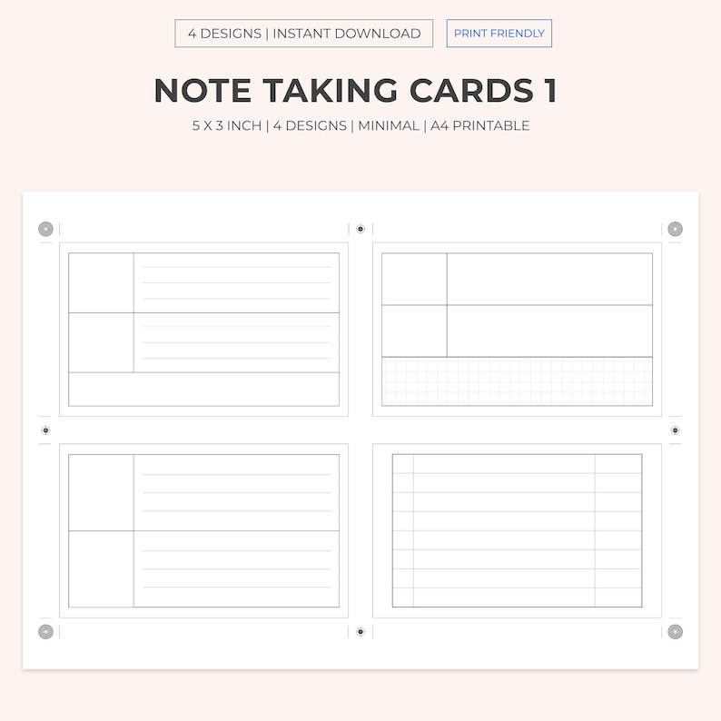 A4 Printable Note-taking Notecards for Studying | 5x3 | Study Note ...