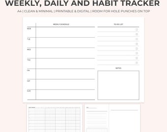 A4 Printable 3 Pages Planner for Daily, Weekly and Habit Tracker | Daily Planner | Weekly Schedule | Planner Set | Journal | Planner Insert