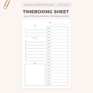 Puede incluir: Una hoja de timeboxing imprimible en blanco y negro con un diseño minimalista. La hoja incluye secciones para objetivos, lista de tareas, notas y un horario de 6am a 12am.