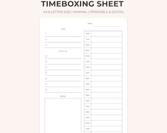Printable Time Boxing Planner | Daily Planner | Time Blocking Template | A4 Planner Inserts | Digital Planner | Productivity Planner