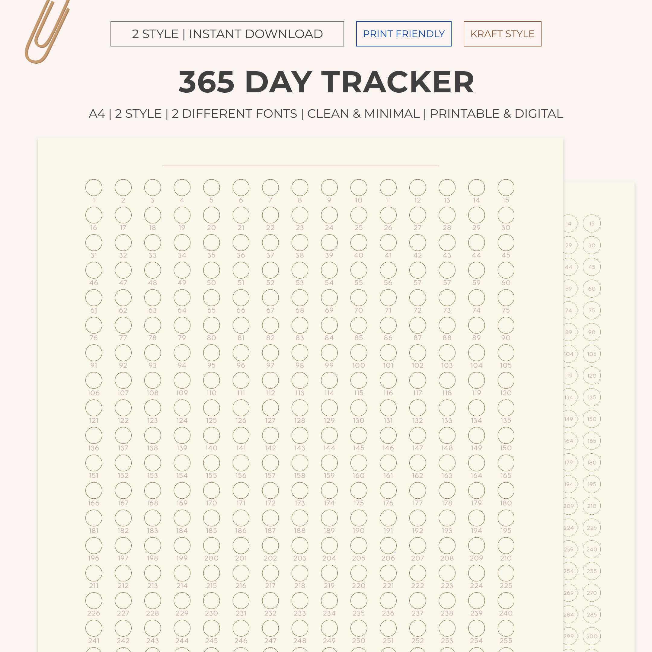 Printable A4 365 Tracker | Habit Tracker Monthly | Goal Tracker | 365 Days Habit Tracker | Yearly Challenge | GoodNotes Template