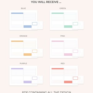 Op de afbeelding: Zes afdrukbare plannerpagina's in verschillende kleuren: blauw, groen, oranje, roze, paars en rood. Elke pagina heeft een koptekst met de kleurnaam en is verdeeld in vier secties met geregelde ruimtes. De pagina's zijn ontworpen voor gebruik in een planner of notitieboek.