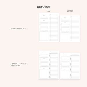 K&ouml;nnte beinhalten: Druckbare Tagesplaner-Vorlagen in den Formaten A4 und Letter. Die Vorlagen verf&uuml;gen &uuml;ber ein leeres Layout und ein Standardlayout mit Zeitfenstern von 6:00 bis 12:00 Uhr.