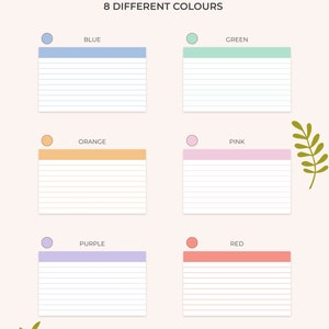 Op de afbeelding: Acht gelinieerde notitieblokken in verschillende kleuren: blauw, groen, oranje, roze, paars en rood. Elk notitieblok heeft een gekleurde bovenrand en wit gelinieerd papier.