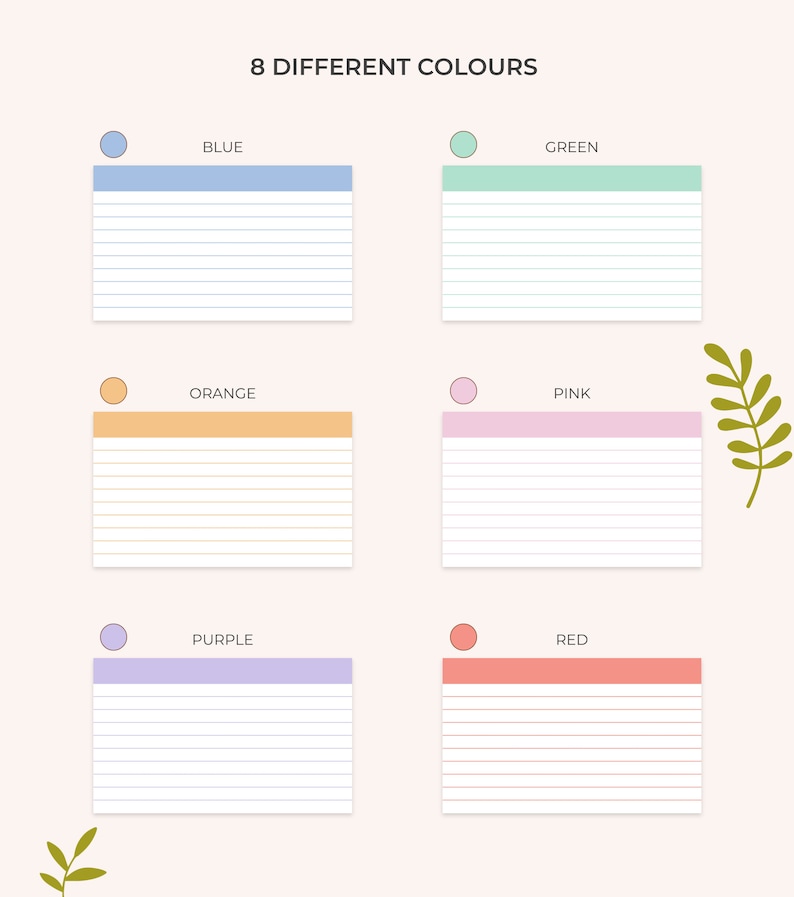Op de afbeelding: Acht gelinieerde notitieblokken in verschillende kleuren: blauw, groen, oranje, roze, paars en rood. Elk notitieblok heeft een gekleurde bovenrand en wit gelinieerd papier.