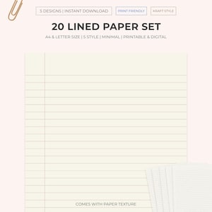 20 Digital Lined Notes Paper Set | A4, US Letter Size | Notebook lined paper | Lined Memo Pages | College Ruled Paper | Journal Paper