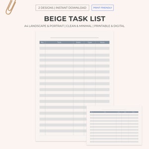 Printable Beige Minimal Task List | Wish List |  Task Tracker | To do List | A4 Template | Productivity Planner | Office Task