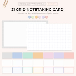 Könnte beinhalten: Ein Satz von 21 digitalen Notizblättern mit Raster in sechs Farben: Hellgrau, Hellblau, Hellgrün, Orange, Rosa und Lavendel. Jedes Blatt ist 7,6 cm x 12,7 cm groß und hat ein Rastermuster. Die Blätter sind zum Notieren gedacht und können für verschiedene Zwecke verwendet werden.