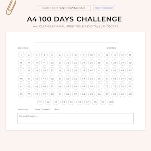 100 Days Challenge Printable Landscape | Progress Checker | 100 Day Habit Tracker | Habit Forming | Goal Setting | Progress Tracker | A4