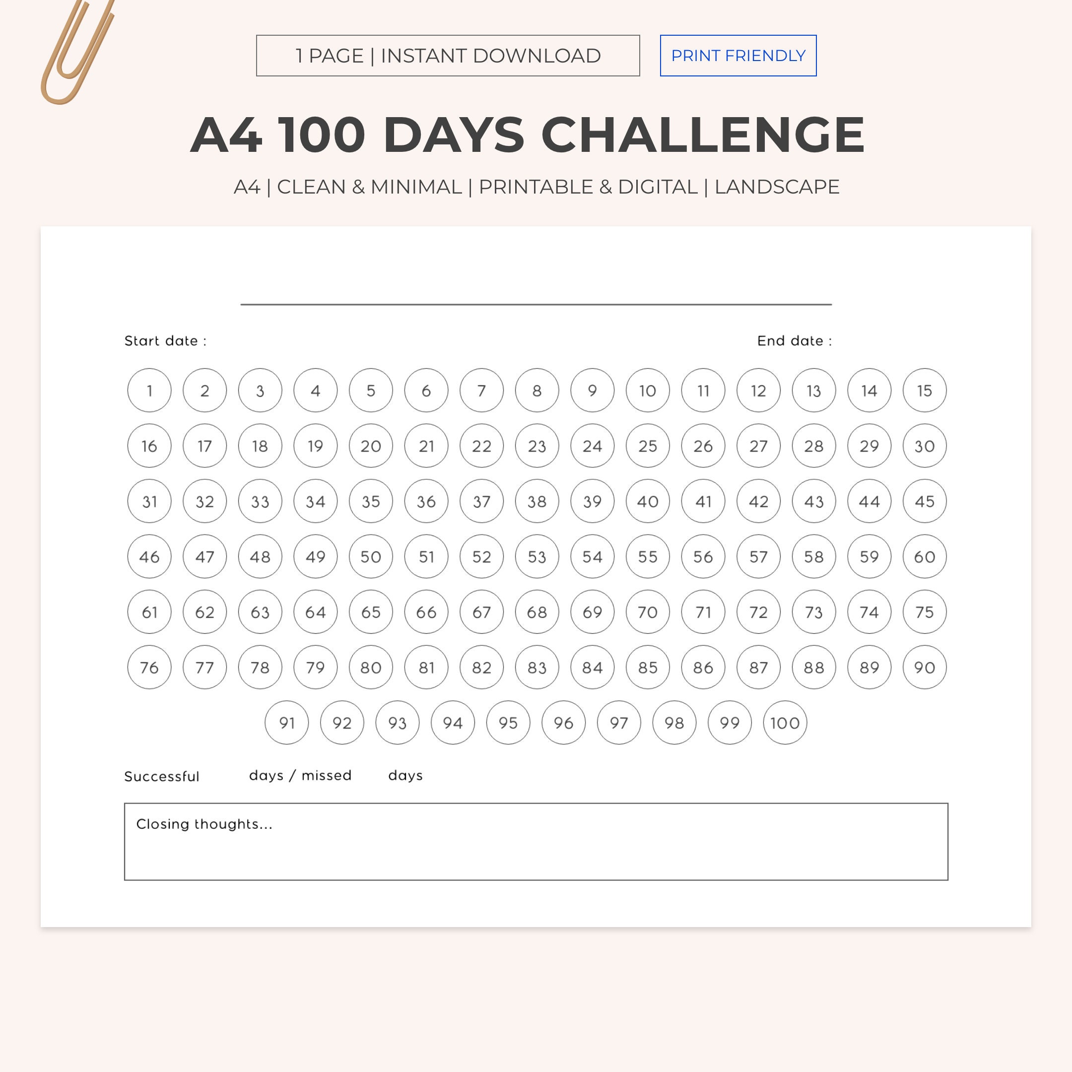 100 Days Challenge Printable Progress Checker 100 Day Habit Tracker ...