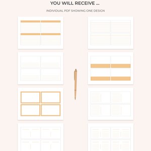 Op de afbeelding: Een set van acht printbare plannerpagina's met verschillende lay-outs. Elke pagina heeft een raster van vier vierkanten met lijnen en een bruine rand. De pagina's zijn ontworpen voor gebruik met een pen.