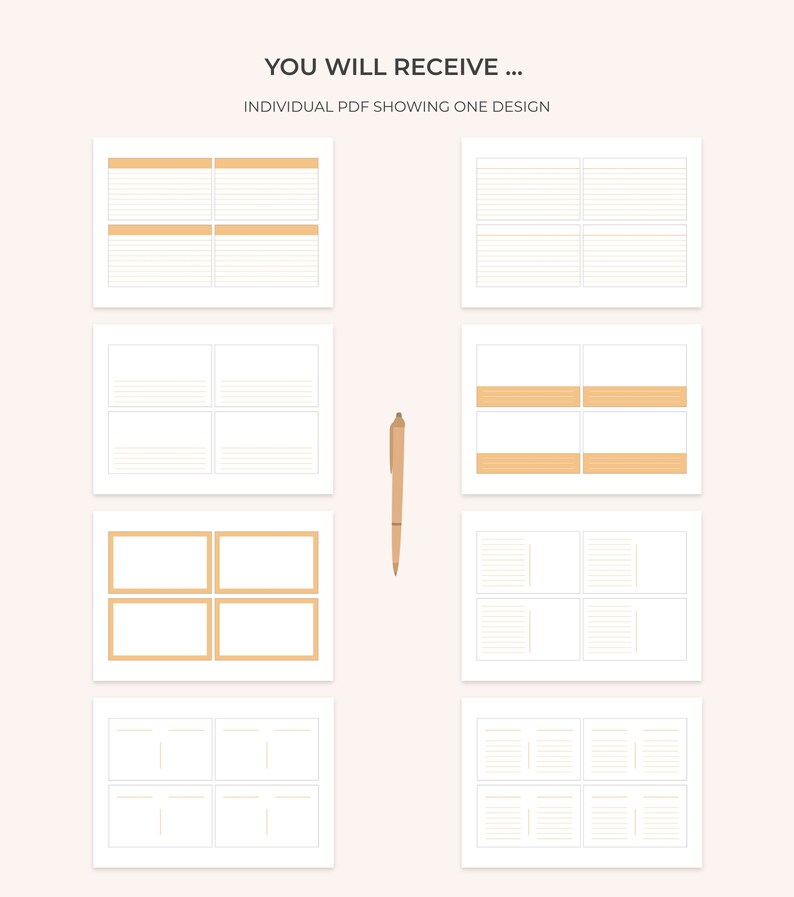 Op de afbeelding: Een set van acht printbare plannerpagina's met verschillende lay-outs. Elke pagina heeft een raster van vier vierkanten met lijnen en een bruine rand. De pagina's zijn ontworpen voor gebruik met een pen.