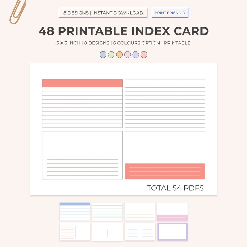 Op de afbeelding: Printbare indexkaarten in 6 kleuren, met 8 verschillende ontwerpen. Elke kaart is 12,7 cm bij 7,6 cm. In totaal zijn er 54 kaarten.