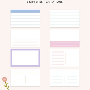 Op de afbeelding: Acht verschillende variaties van blanco notitiekaartjes met gestreept papier. De kaartjes hebben verschillende gekleurde randen en lijnen. De kaartjes zijn perfect om notities, lijsten of herinneringen op te schrijven.
