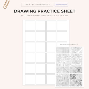 Könnte beinhalten: Ein druckbares Übungsblatt zum Zeichnen mit 16 leeren Quadraten und einer Auswahl verschiedener Linienmuster als Inspiration. Das Blatt ist mit "Zeichenübungsblatt" und "A4 | Sauber und minimalistisch | Druckbar und digital | 4 Reihen" beschriftet.