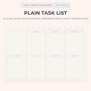 May include: A printable weekly task list planner with a simple design. The planner is divided into seven sections, one for each day of the week. Each section has a title and is divided into rows for writing tasks. The planner is designed to be used with a pen or pencil.