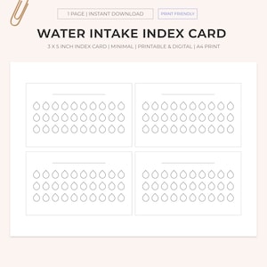 Peut inclure: Carte d'index de suivi de l'apport en eau imprimable avec quatre sections, chacune avec 42 icônes de gouttes d'eau. La carte est conçue pour une taille de carte d'index de 3 x 5 pouces et est imprimable au format A4.