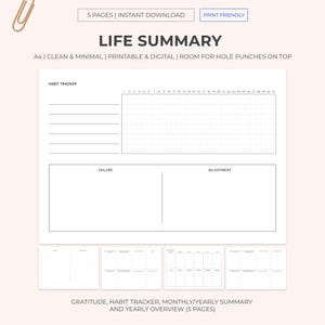 May include: A printable life summary planner with five pages. The planner includes a habit tracker, failure and adjustment sections, and monthly and yearly summaries. The planner is designed to be clean and minimal, and has room for hole punches on the top.