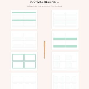 Op de afbeelding: Een digitale download van acht verschillende afdrukbare plannerpagina's. Elke pagina heeft een andere lay-out met gestreepte secties en lege ruimtes. De pagina's zijn ontworpen voor gebruik met een pen of potlood.