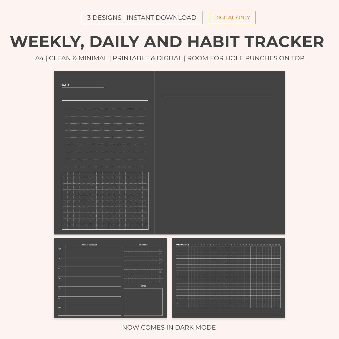 Dark Mode A4 Planner Set: Daily, Weekly, Habit Tracker (digital ...