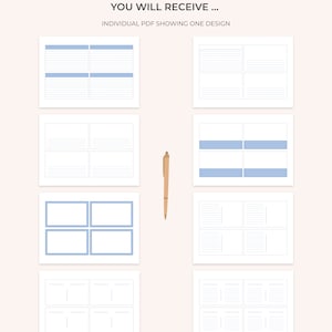 Op de afbeelding: Een set van acht printbare plannerpagina's met verschillende lay-outs. Elke pagina heeft een lichtblauwe rand en gelinieerde secties om te schrijven. De pagina's zijn ontworpen voor gebruik met een standaard 8,5 x 11 inch map.