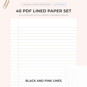 40 fogli di carta a righe stampabili in formato PDF / A4, formato lettera USA / modello di carta per appunti / prendere appunti / carta per appunti di studio / protocollo / carta per scrivere / digitale