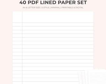 May include: A set of 40 printable lined paper sheets in PDF format. The paper is A4 and letter size, with 5 different styles. The paper has black and pink lines.