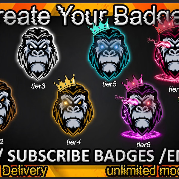 Gorilla Twitch sub badges / Gorilla Twitch emotes / Gorilla badges for streamers / Gorilla Subscriber Badges