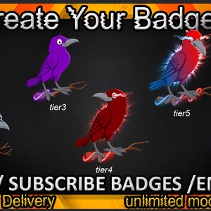 Crow Twitch sub badges / Crow Twitch emotes / Crow badges for streamers / Crow Subscriber Badges