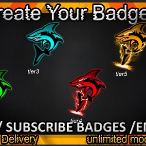 Insignias secundarias de Shark Twitch / Emoticonos de Shark Twitch / Insignias de tiburón para streamers / Insignias de suscriptor de Shark