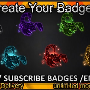 Scorpion Twitch sub badges, Scorpion Twitch emotes/ Scorpion badges for streamers/ Scorpion Subscriber Badges