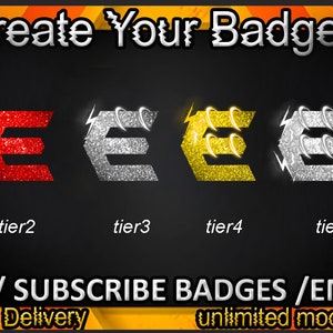 Sub-emblemas da letra E Twitch, emotes da letra E Twitch / emblemas da letra E para streamers / emblemas de assinante da letra E