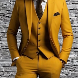 Premium geel herenkostuum – 3-delig formeel herenkostuum – elegante blazer, vest en broek – herenkostuum voor bruiloft, verloving, schoolbal