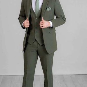 Premium Olive Green Suit For Men - Green Three Piece Suit, Groom Wedding Suit, Slim Fit Suits, Wedding and Party Wear Suit, Men Formal Suit