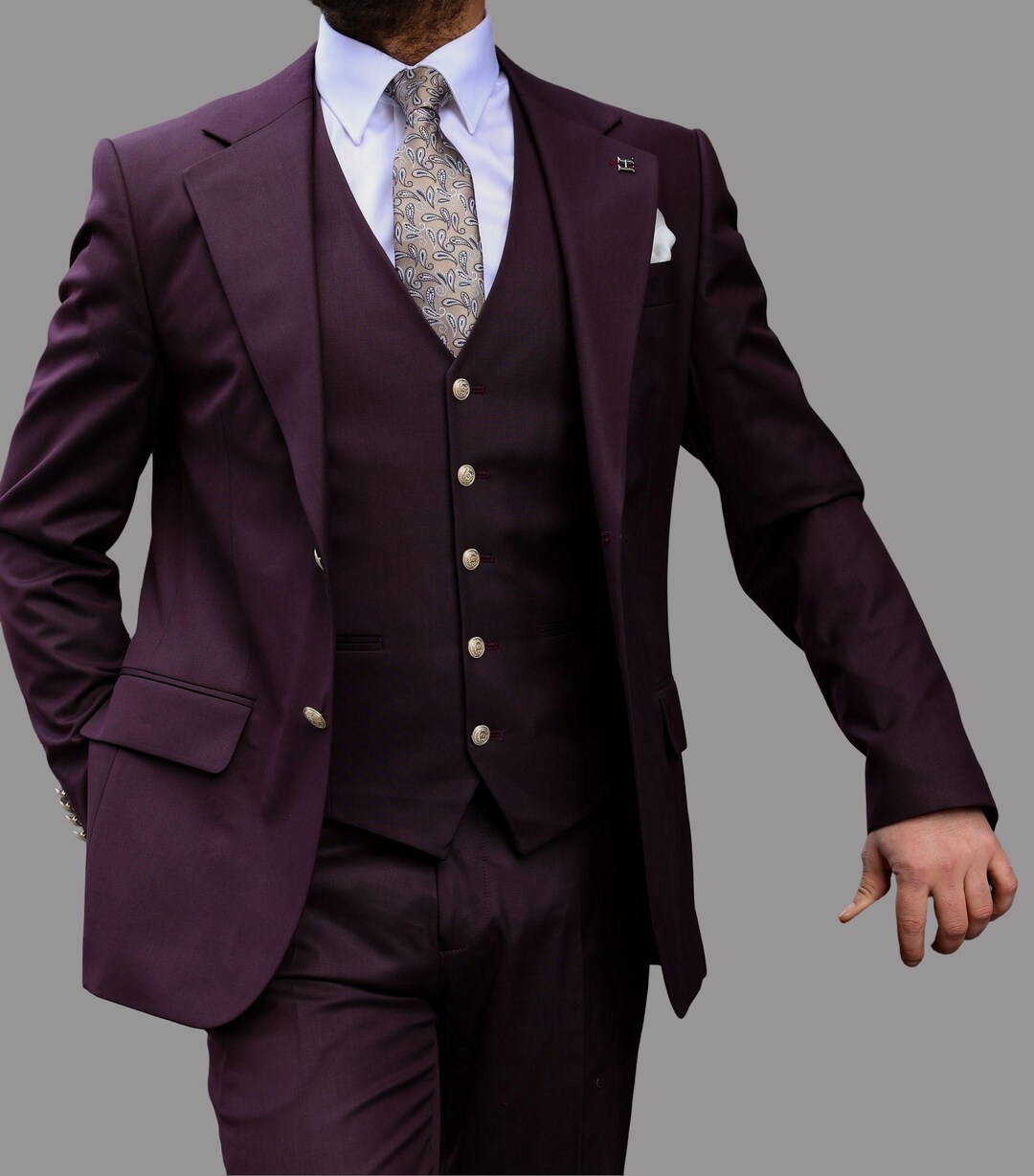 Mens Classic Three-Piece Purple Suit – Formal Slim Fit Tuxedo Set with Vest