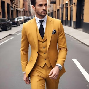 Premium Mannen Mosterdgeel Pak Bruiloft Feestkleding Geel Pak Bruidsjonkers Pakken Etentje Slijtage Pakken Bruidegom Bruiloft Pakken Galakostuums